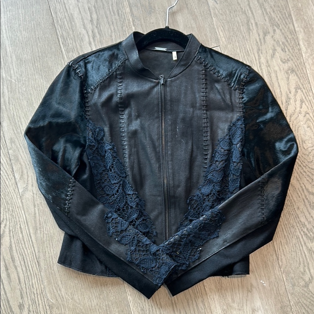 Elie Tahari Black Leather Jacket with Glossy Textured Finish